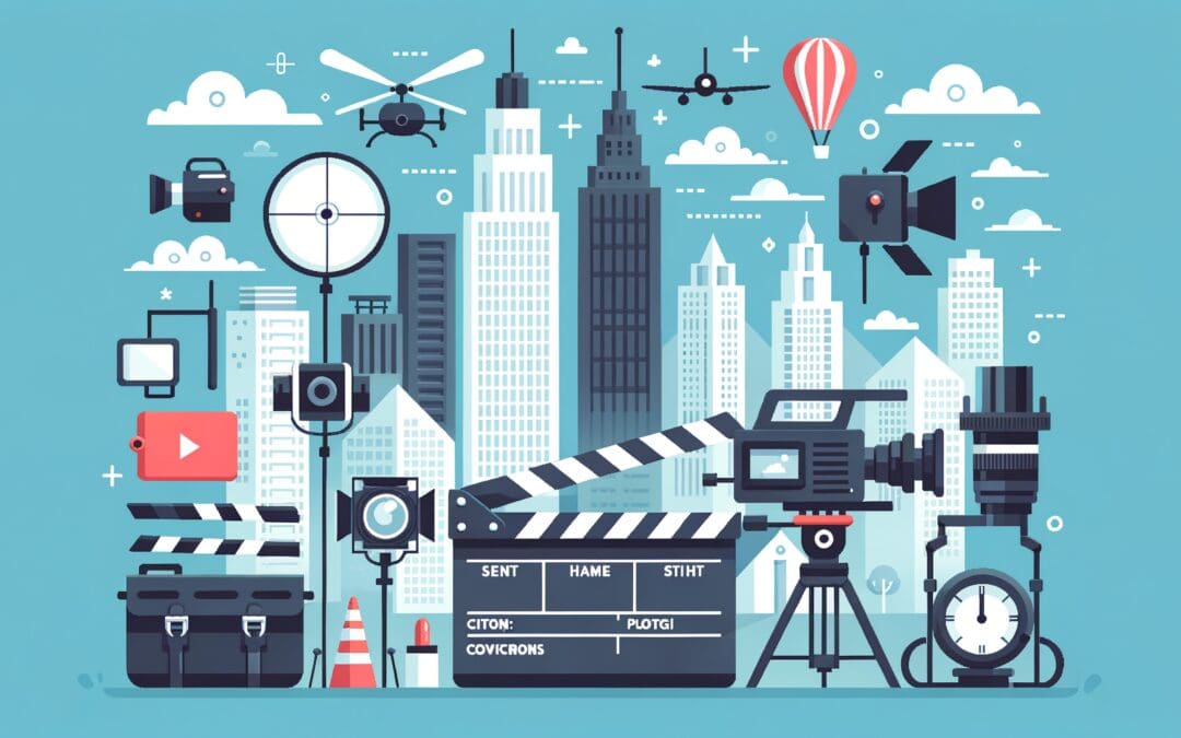 Illustration en flat design montrant une caméra de vidéographie avec des éléments vidéos intégrés.