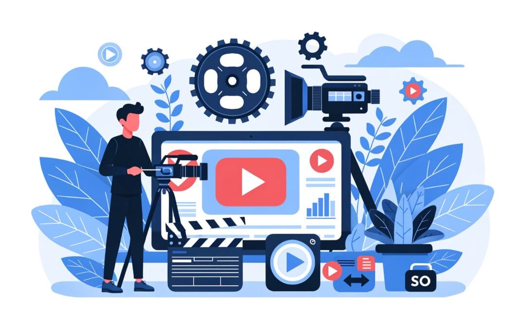 Illustration en flat design représentant la production vidéo professionnelle pour un article de blog SEO.