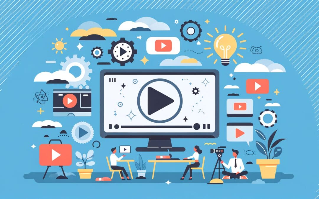 Illustration flat design d'un tournage vidéo professionnel, optimisée pour un article de blog SEO.