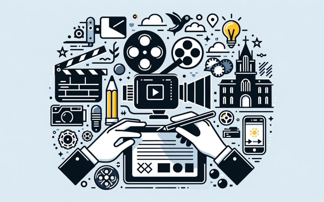 Illustration montrant une équipe professionnelle et des équipements de production vidéo, optimisée pour SEO.