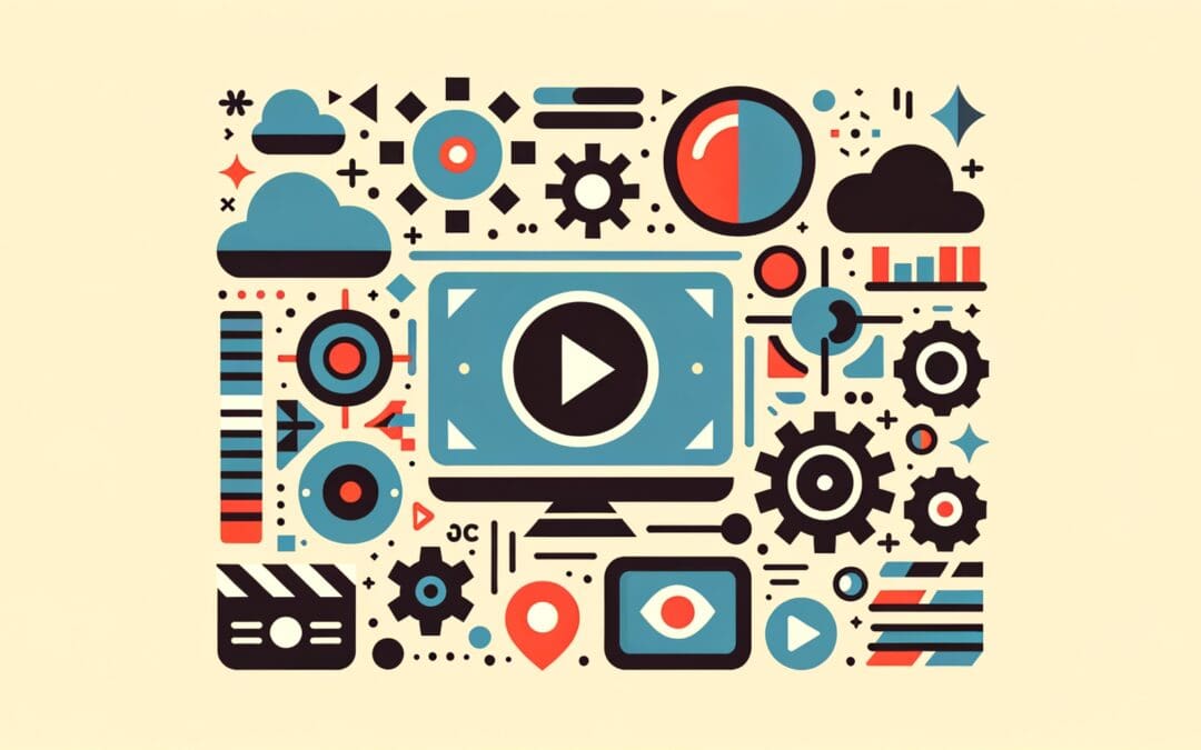 Illustration en flat design montrant une vidéo de recrutement avec icônes de personnes et caméra.