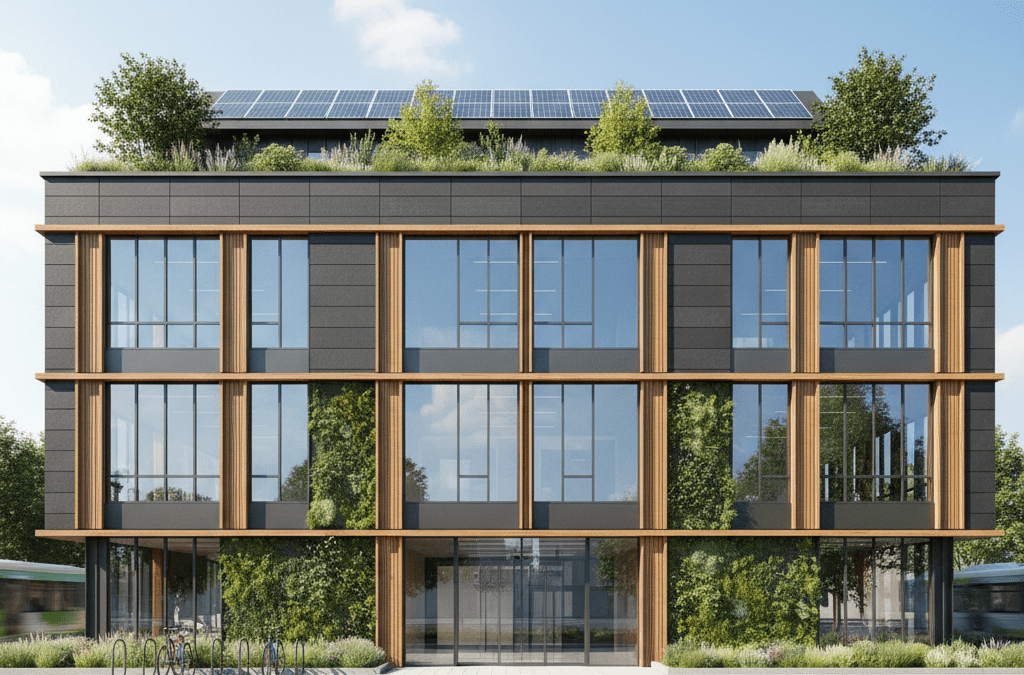 Rendu 3D d'un bâtiment tertiaire moderne à haute performance énergétique, construit par Batipro Concept près de Besançon, dans le Doubs.