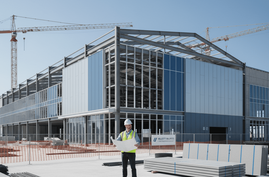 Chantier organisé d'un bâtiment industriel moderne géré par un contractant général près de Besançon, Doubs.